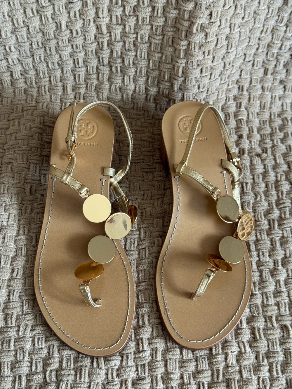 Tory Burch Gold Metallic Disc T-Strap Low Block Heel Sandals